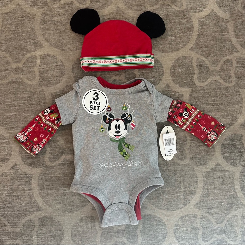 NWT Disney Mickey Christmas (2) baby onesies & Mickey ear cap